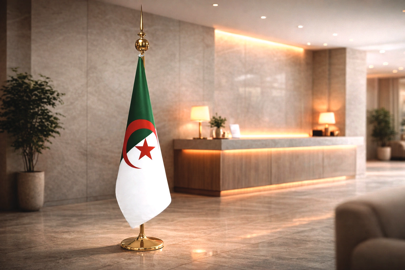 Drapeau algérien dans un hall de marbre